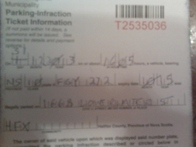 Parking ticket issued at 4:05 p.m. on New Year's Eve when there was little traffic on Lower Water Street in Halifax.